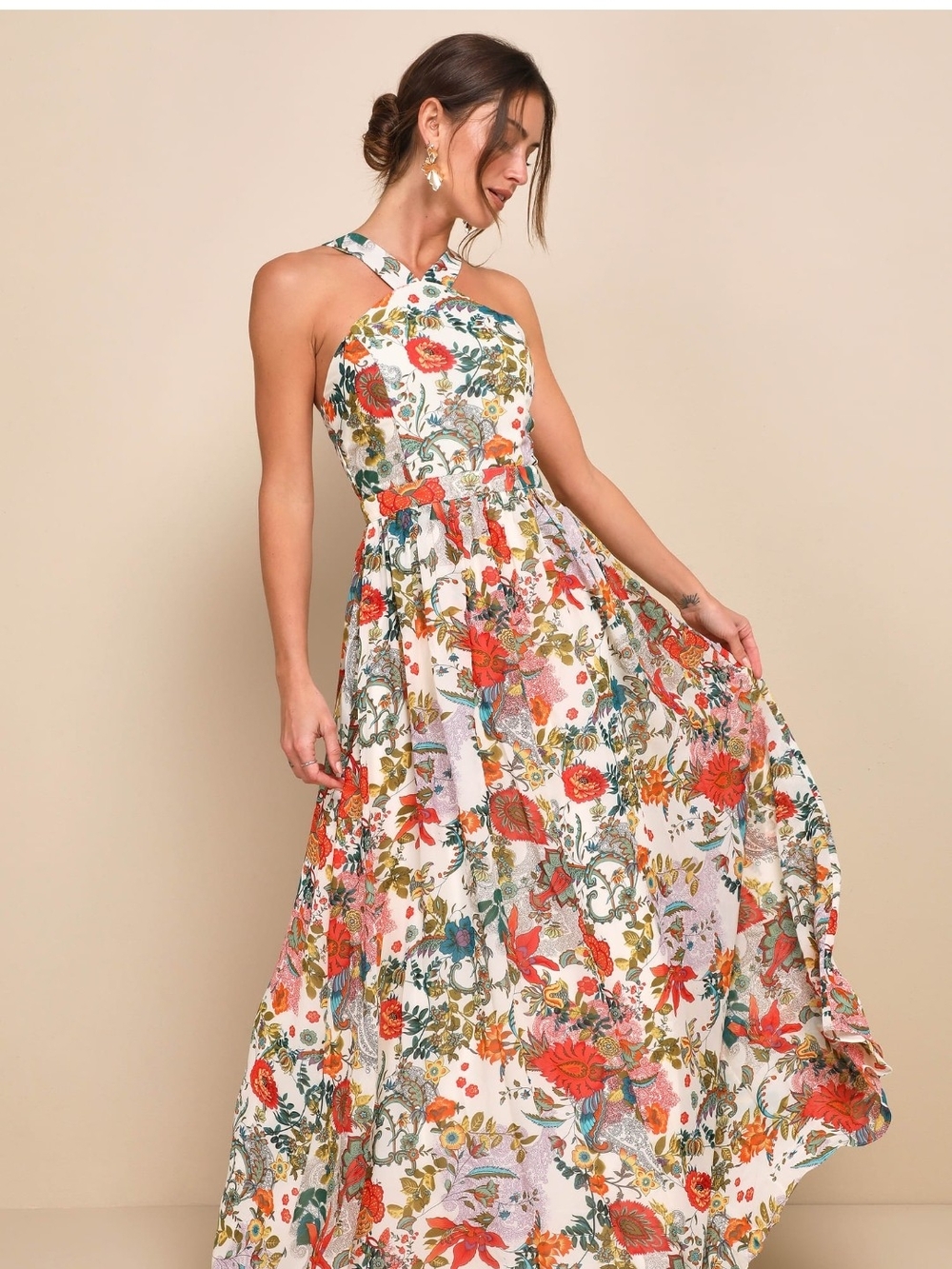 Lulus NWT Lilja Cream Floral Print Halter Maxi Dress Womens Large